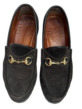 Gucci Italy brown suede classic gold horse bit mens slip on loafer shoes LUG 9D